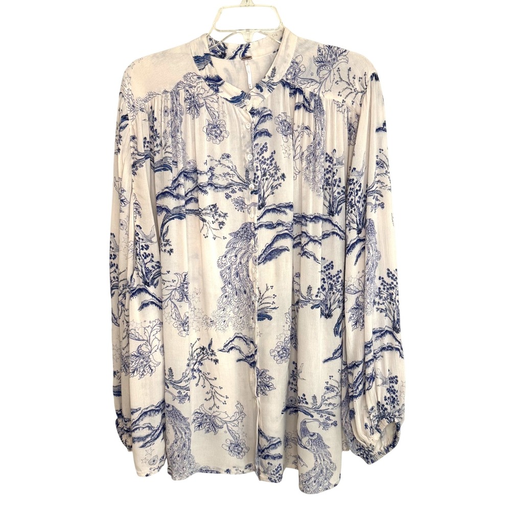 Free People Boho Peacock Toile Button Down Blouse Rayon Oversized Top M